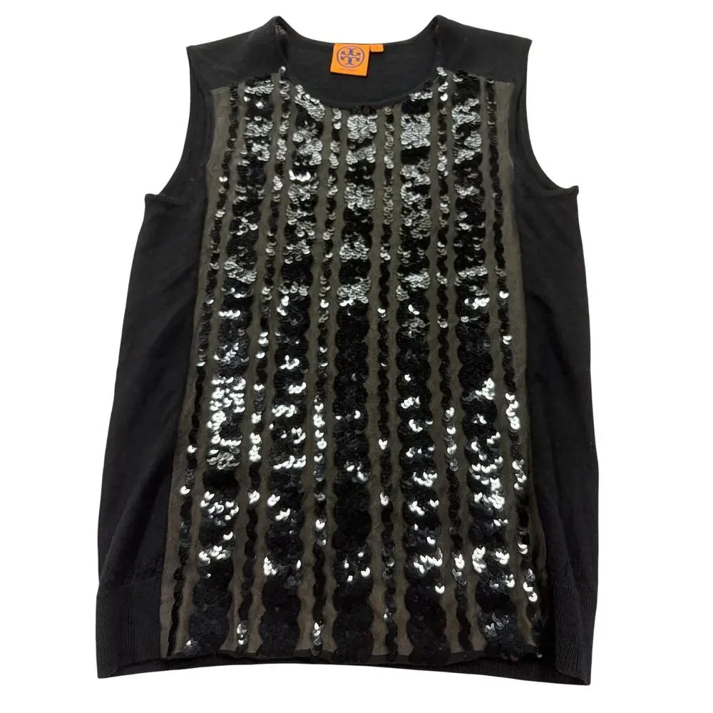 Tory Burch Black Sequin Silk Wool Sleeveless Sweater Top Women’s Medium M